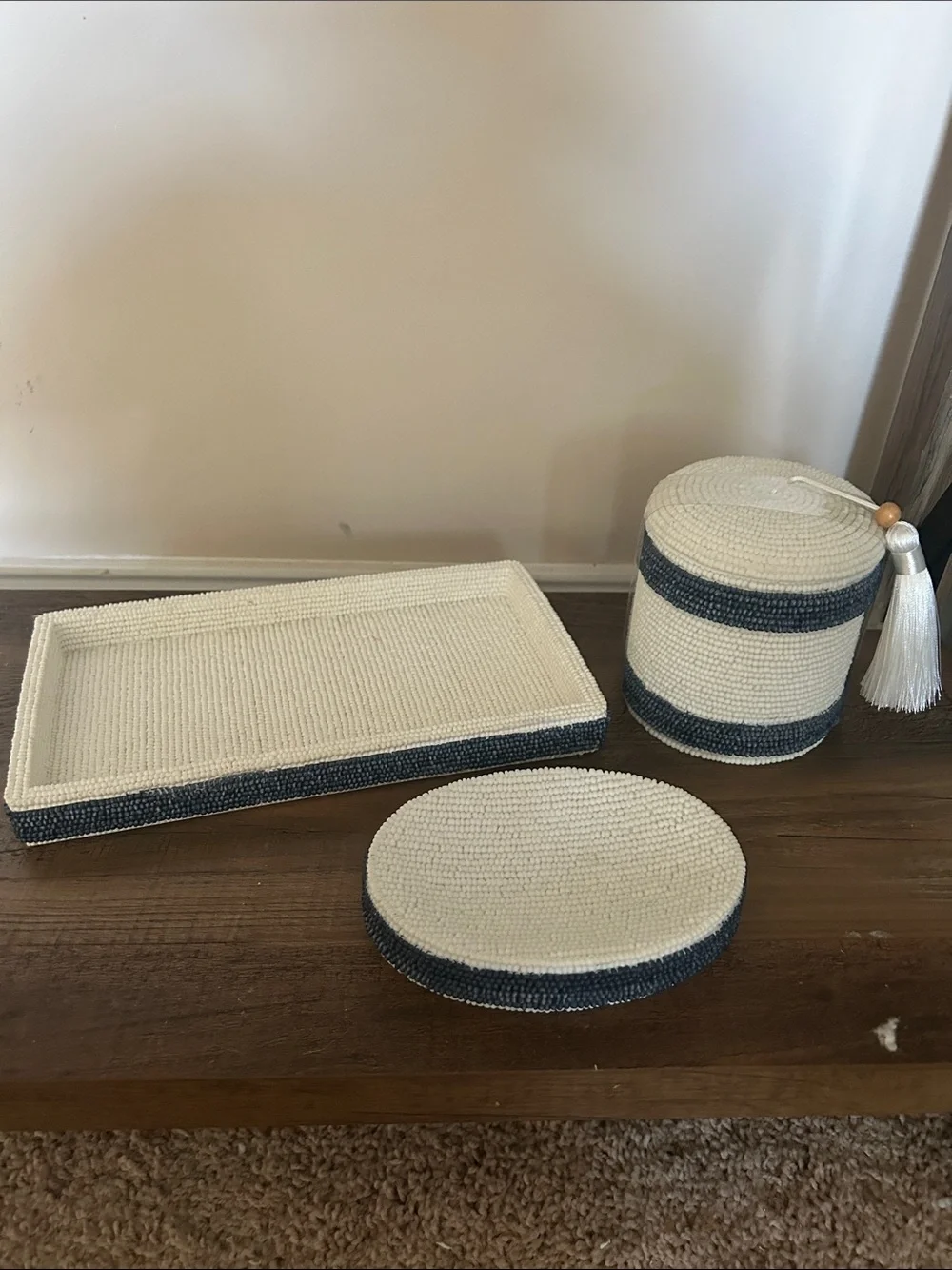 Handwoven Cream and Navy Bath Vanity Tray Set -